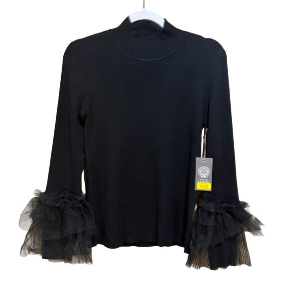 NWT Vince Camuto Black High Mock Neck Ruffle Sleeve Blouse Top Size Medium NEW - Picture 2 of 14